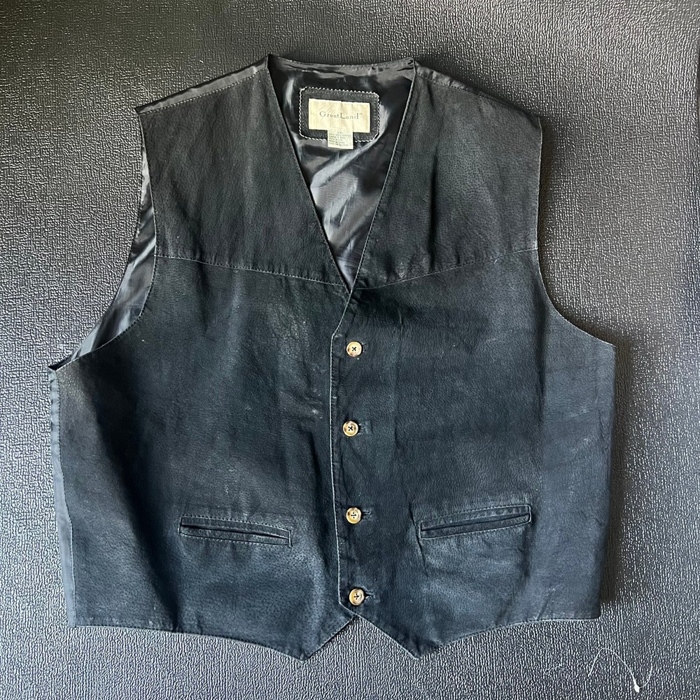 Vtg GreatLand Mens 2XL Black Suede Leather Vest Western Biker Button Front Moto